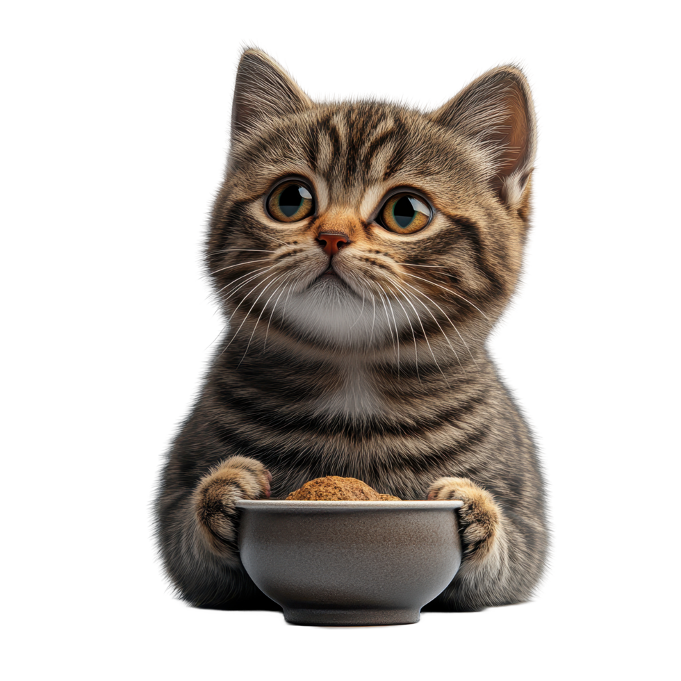 Cute kitten holding a small wooden bowl while looking curiously at the camera indoors isolated on transparent background. png