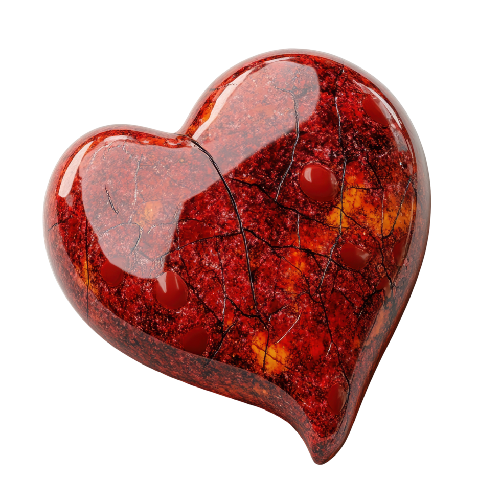 Beautiful translucent red heart-shaped gemstone with intricate patterns placed on a clean white surface in bright lighting isolated on transparent background. png