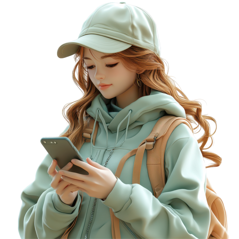 Young woman in a light hoodie and cap using her smartphone while carrying a backpack in a casual setting isolated on transparent background. png