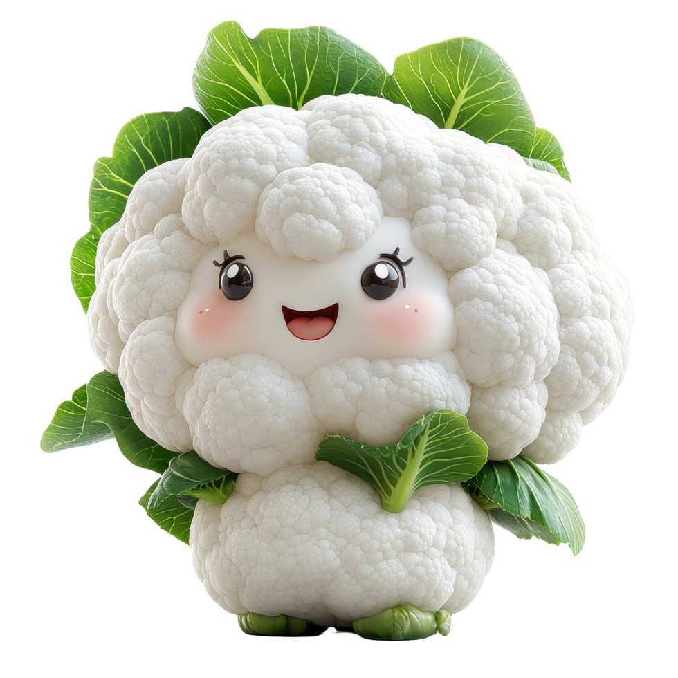 Cute animated cauliflower character smiling with leafy greens in a whimsical garden setting isolated on transparent background. png