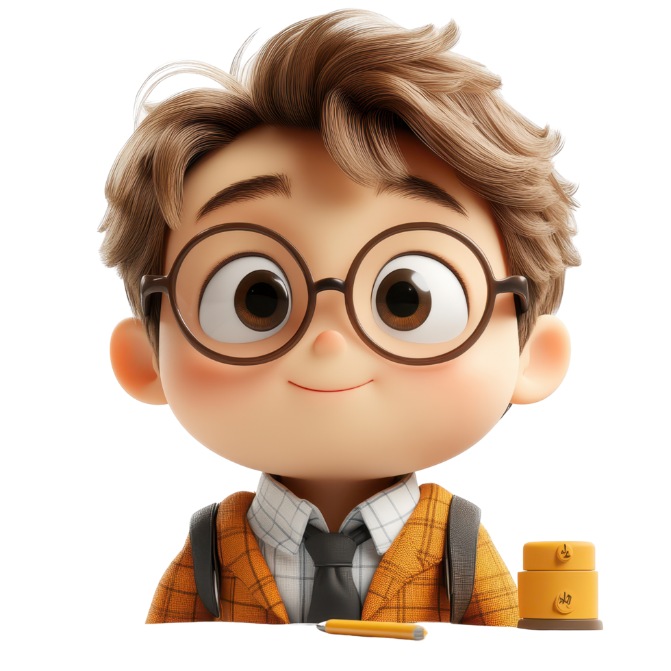 Young student with glasses wearing orange blazer stands near school supplies with a bright smile in a cheerful setting isolated on transparent background. png
