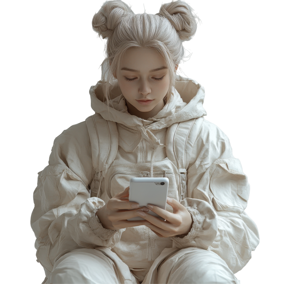 Young person in light-colored outfit using smartphone while sitting, showcasing modern fashion and technology interaction isolated on transparent background. png