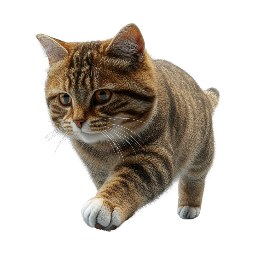 Cute tabby cat walking playfully on a white background during the day isolated on transparent background. png