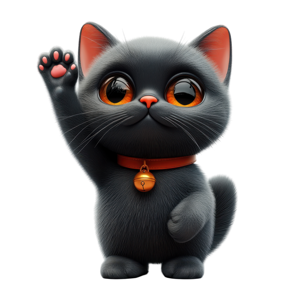 Cute cartoon black cat waving with bright orange eyes and collar in a playful pose isolated on transparent background. png