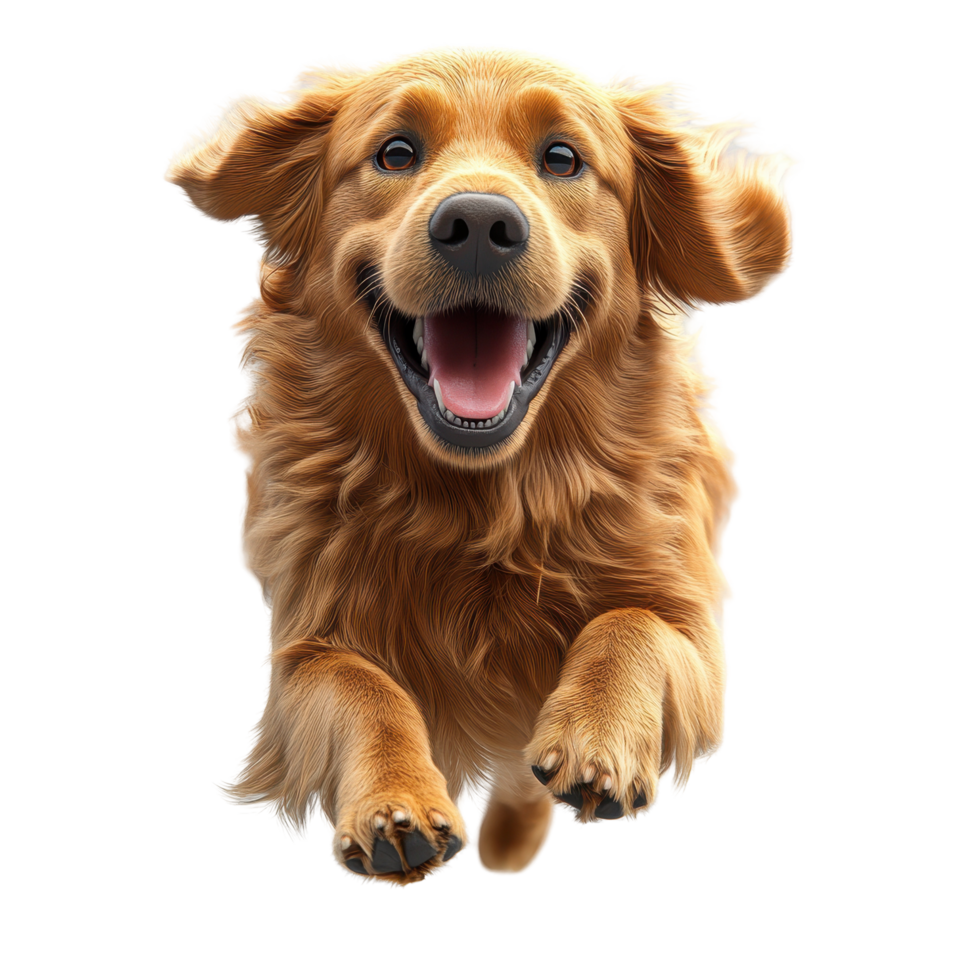Happy golden retriever jumps joyfully in a bright space capturing the essence of playfulness and excitement isolated on transparent background. png