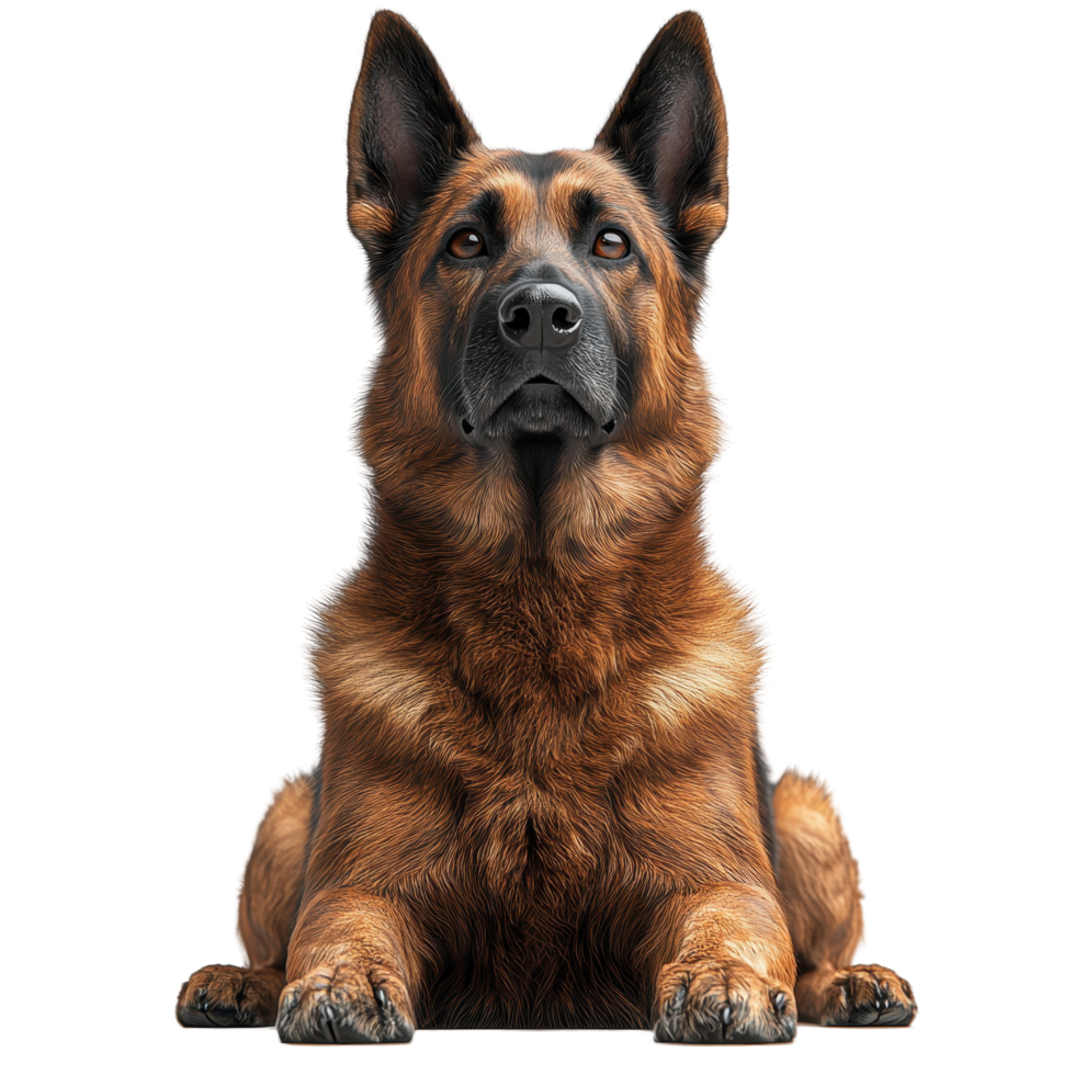Brown dog laying down with alert expression and attentive gaze indoors at home during daylight isolated on transparent background. png