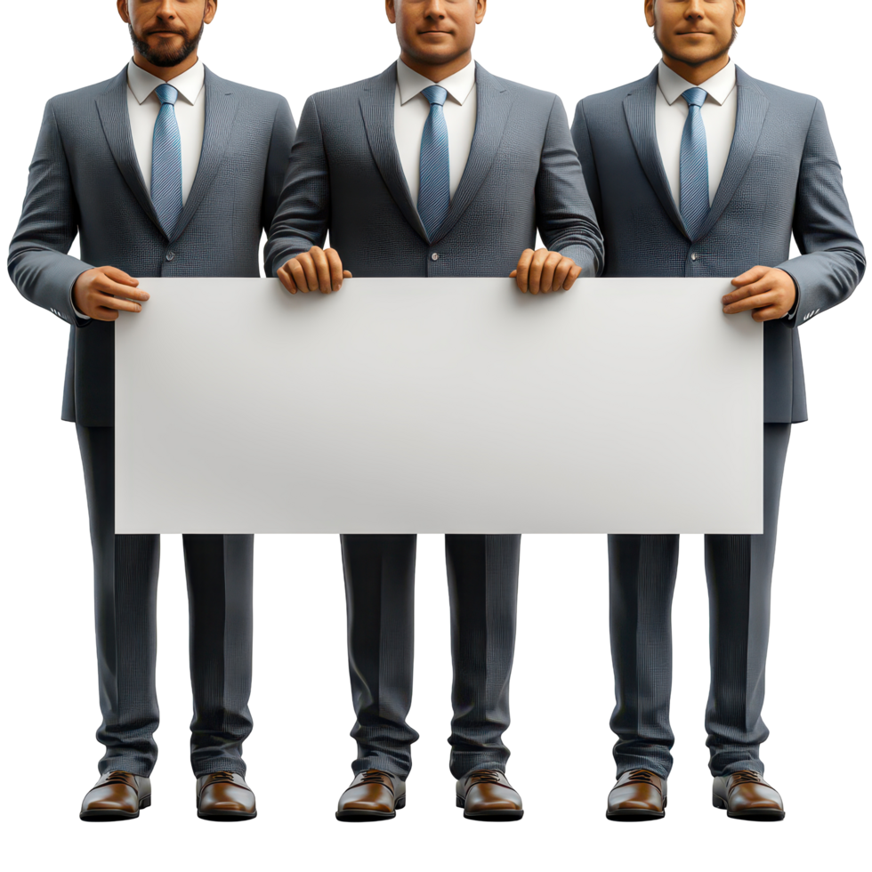 Three men in suits holding a blank sign in a studio setting isolated on transparent background. png