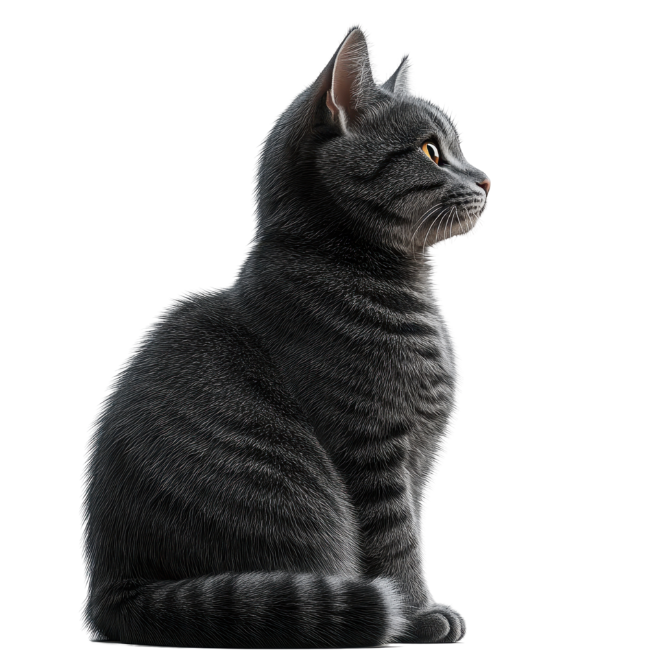 Striking gray tabby cat sitting gracefully against a white background, showcasing elegant posture and keen expression isolated on transparent background. png