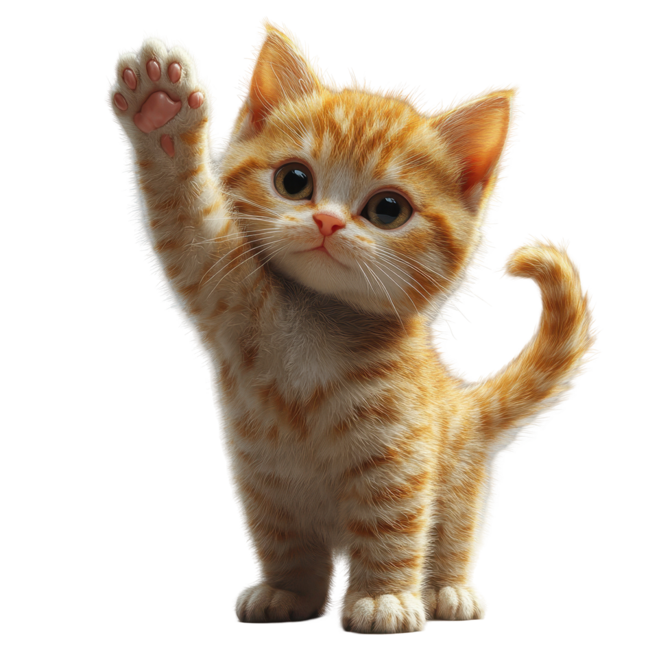 Cute orange kitten raising paw in a playful gesture against a white background isolated on transparent background. png