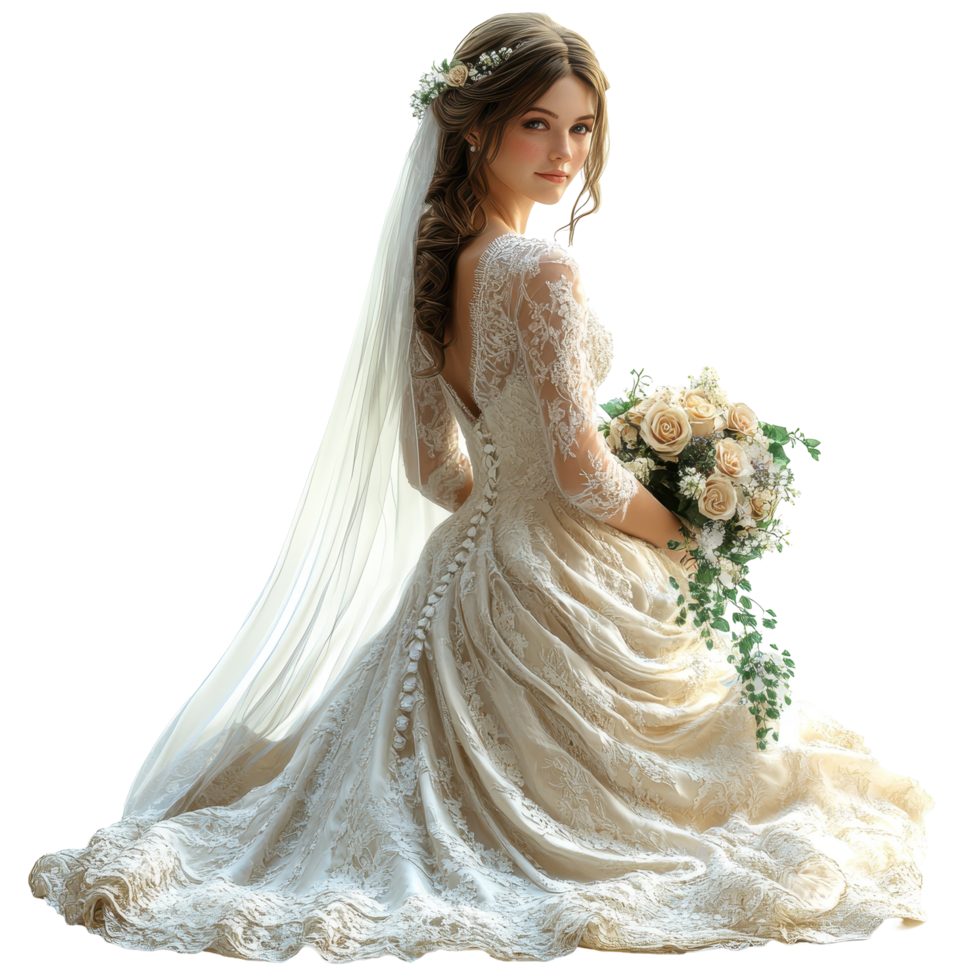 Bridal portrait of a bride wearing an elegant lace gown holding a bouquet of roses in a serene backdrop isolated on transparent background. png