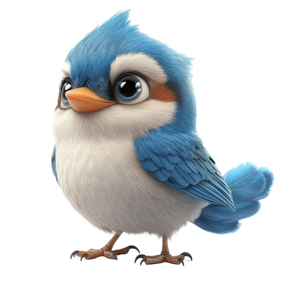 Cute cartoon blue bird with big eyes stands on two feet in a whimsical style against a plain background isolated on transparent background. png