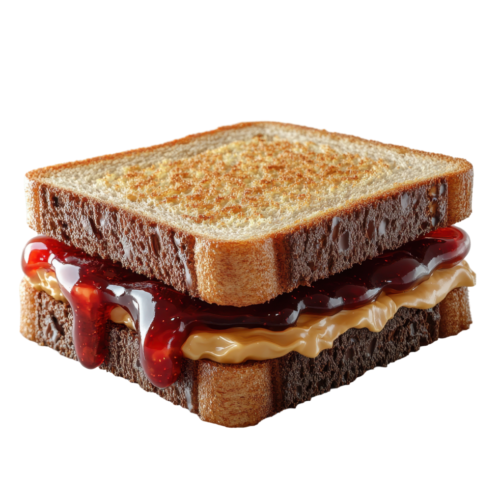 Delicious peanut butter and jelly sandwich on toasted bread ready to be enjoyed at lunchtime isolated on transparent background. png