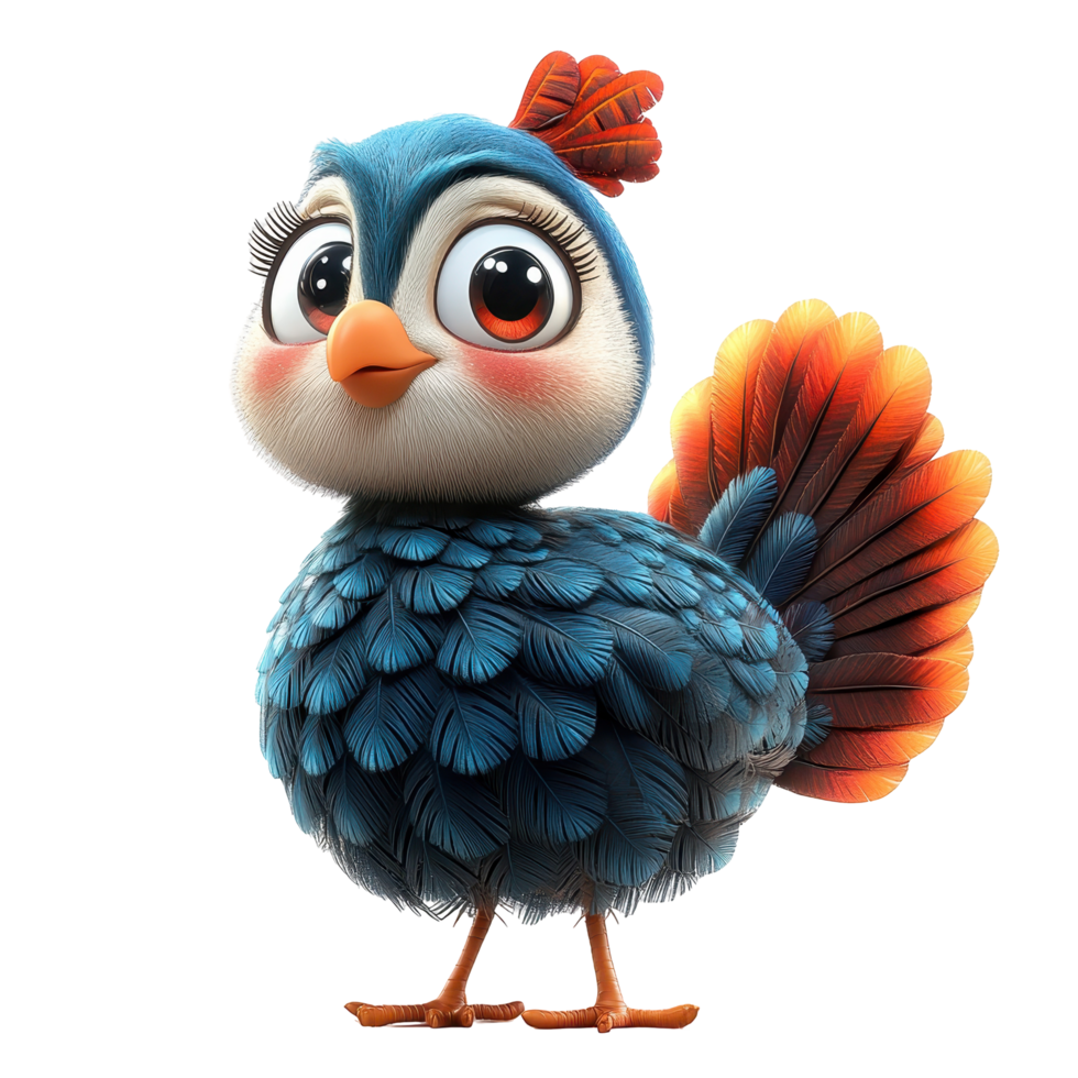 Colorful cartoon bird character with large expressive eyes and vibrant feathers, designed for animation projects and children's media isolated on transparent background. png