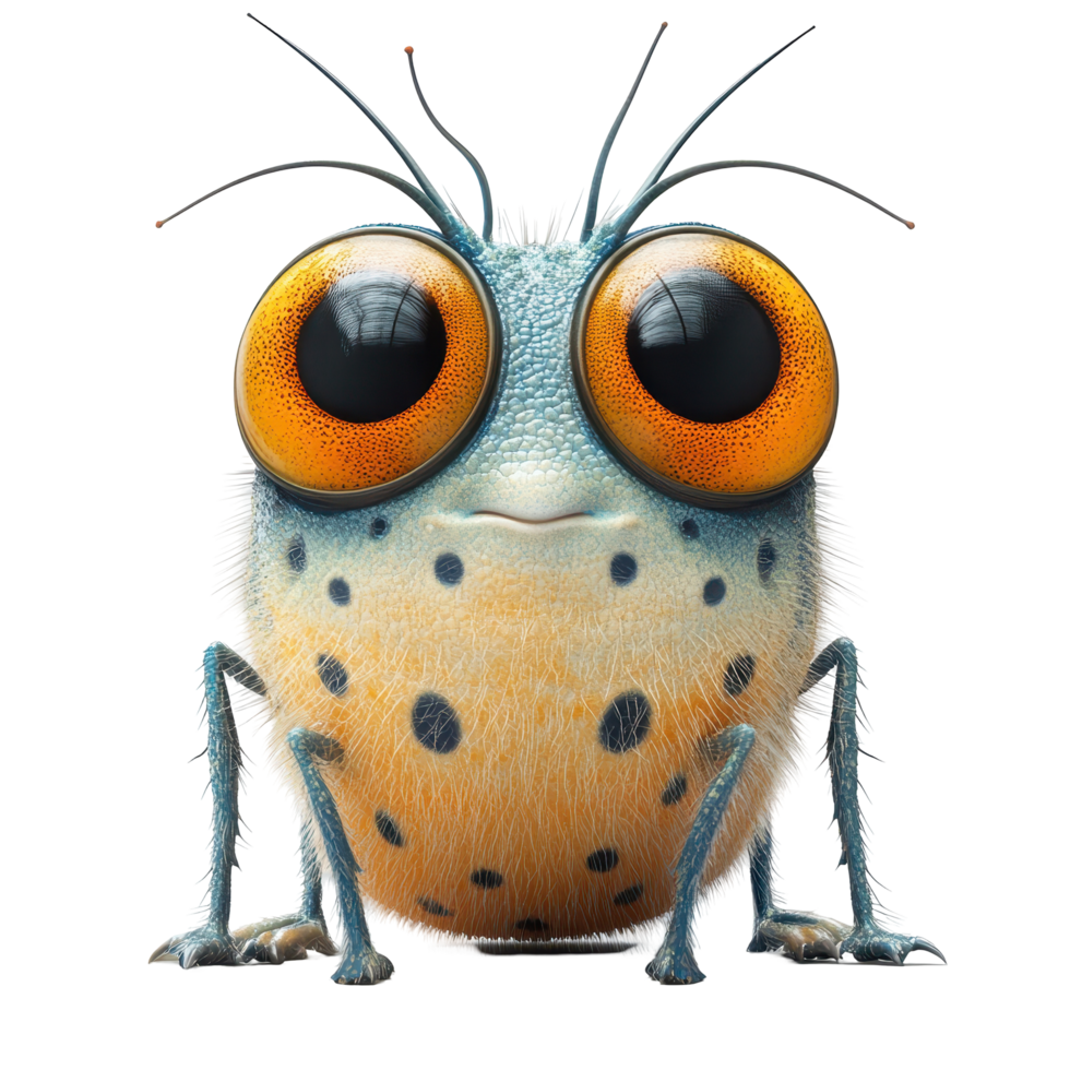 Unique cartoon insect with large eyes and vibrant colors sits against a plain background isolated on transparent background. png