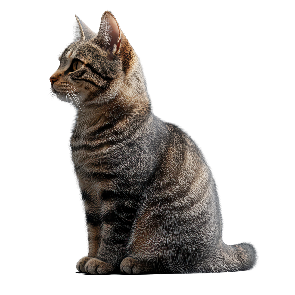 Gray striped cat sitting gracefully against a plain white background showcasing its distinct features and colors isolated on transparent background. png