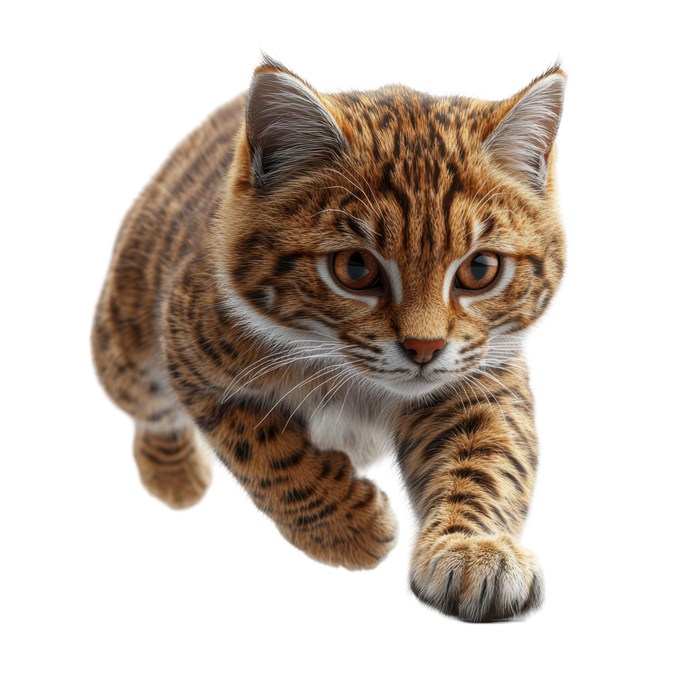 Wild cat sprinting across a white background showcasing its agility and alertness isolated on transparent background. png