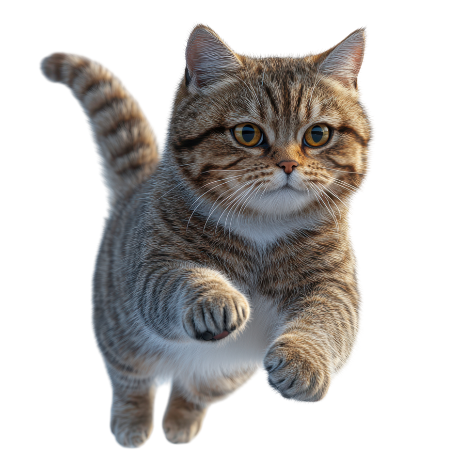 Playful cat leaps in mid-air against a plain background showcasing its lively spirit isolated on transparent background. png