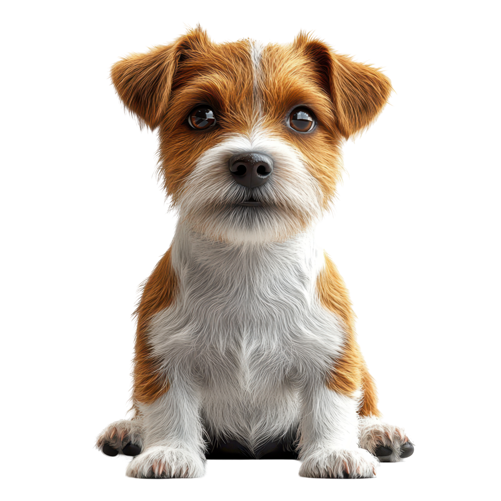 Cute small brown and white dog with big eyes sitting calmly in a well-lit indoor space surrounded by a neutral background isolated on transparent background. png