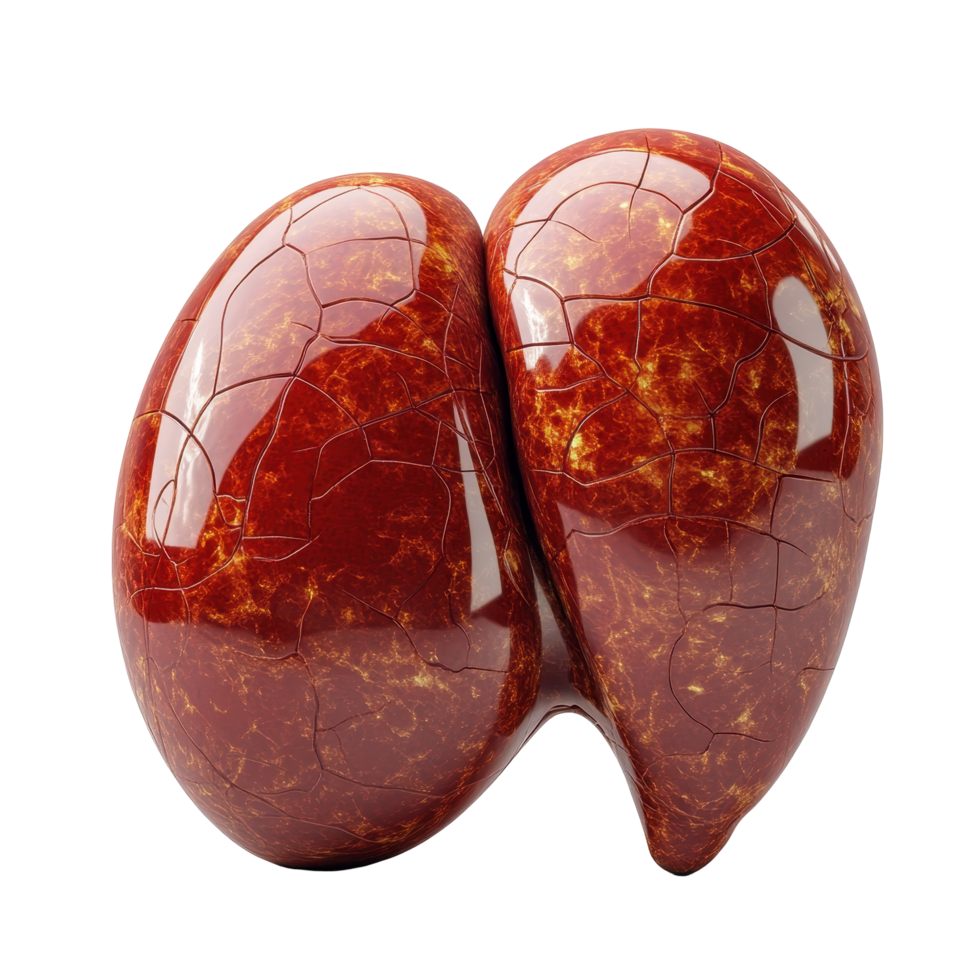 Abstract sculpture resembling human kidneys made from polished red stone with intricate cracks and patterns isolated on transparent background. png