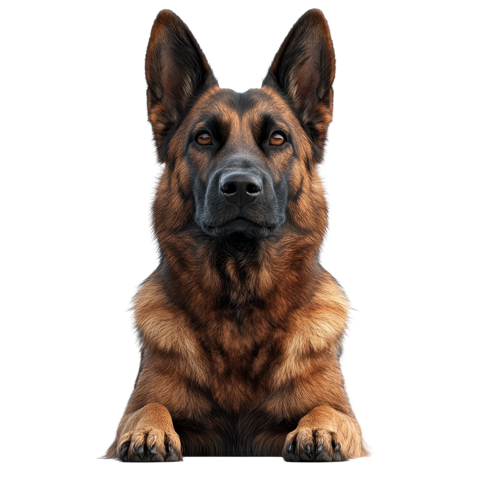 German Shepherd poses calmly with attentive expression in a neutral setting highlighting characteristics of the breed isolated on transparent background. png
