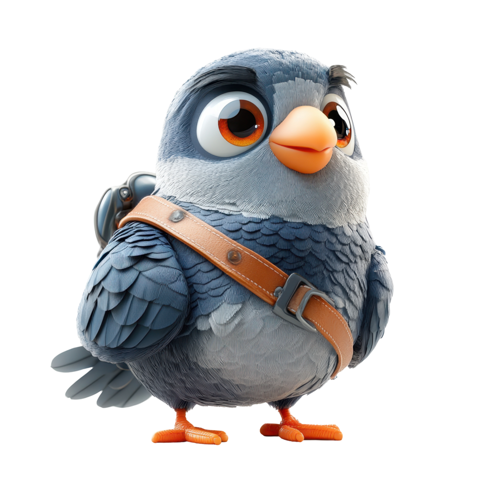 Colorful animated bird character with a strap, designed for a playful adventure in a fantastical setting isolated on transparent background. png