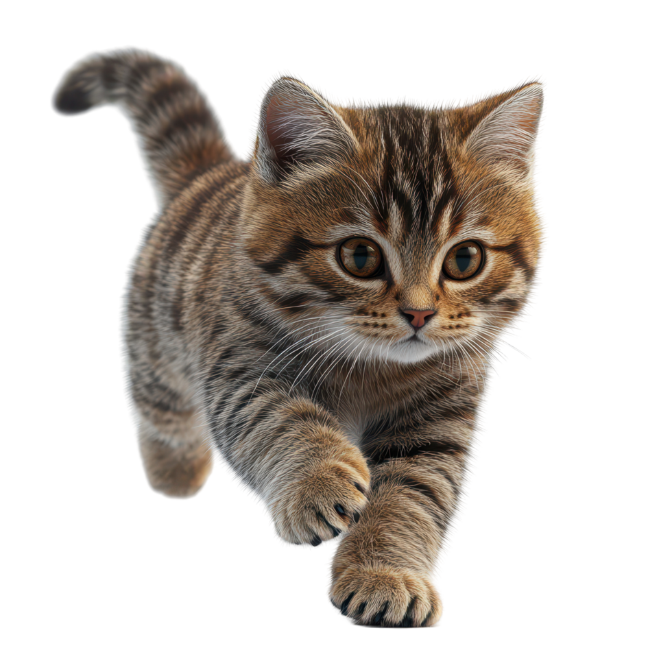 Cute tabby kitten walking playfully toward the camera in a bright setting isolated on transparent background. png