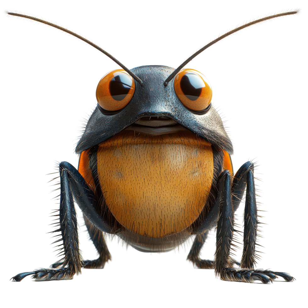 Close-up view of a cheerful insect with large eyes and a glossy body in a studio setting isolated on transparent background. png