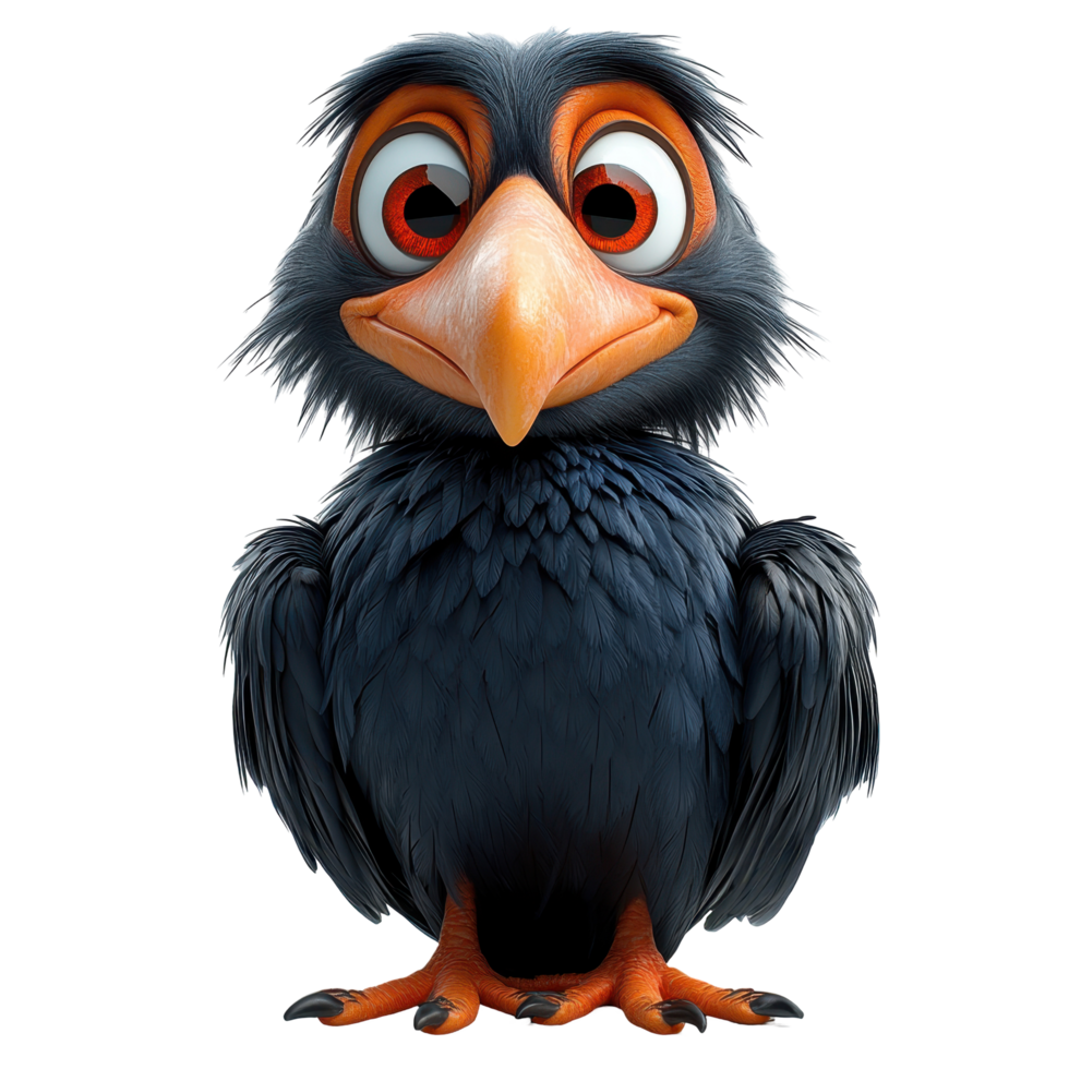 Cartoon bird character with large eyes and vibrant feathers poses playfully against a simple background isolated on transparent background. png
