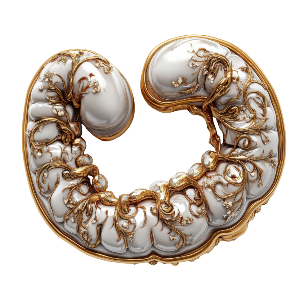 Intricate decorative sculpture in white and gold showcasing delicate floral patterns and elegant curves isolated on transparent background. png
