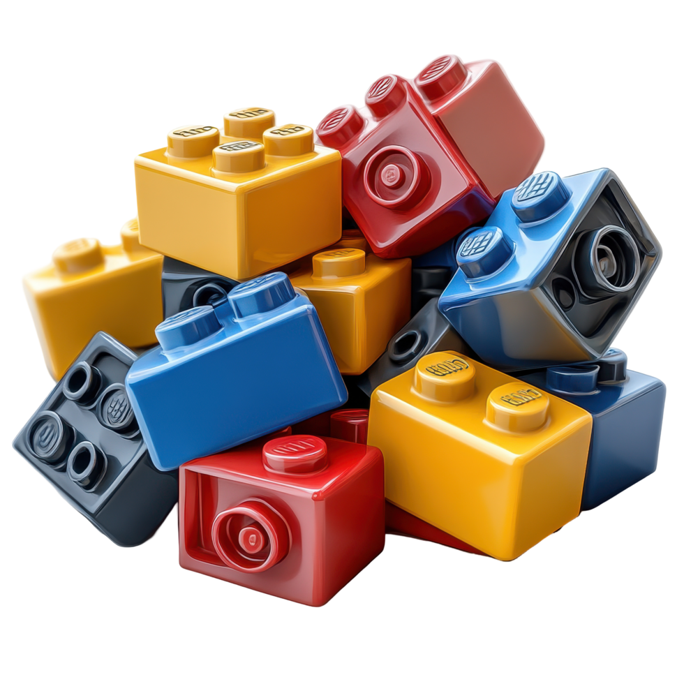 Colorful building blocks create imaginative play scenes for children in educational settings isolated on transparent background. png