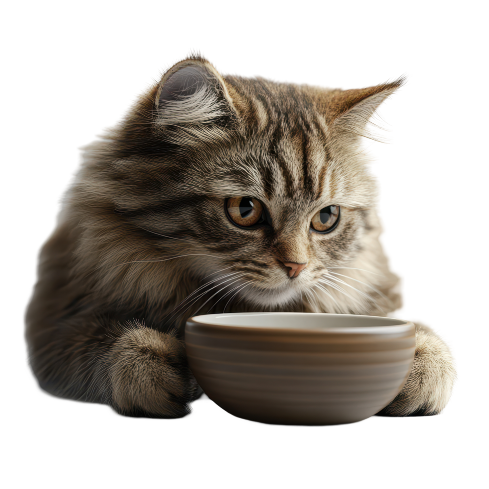 Curious cat observes a bowl of food with focused eyes in a cozy indoor setting isolated on transparent background. png