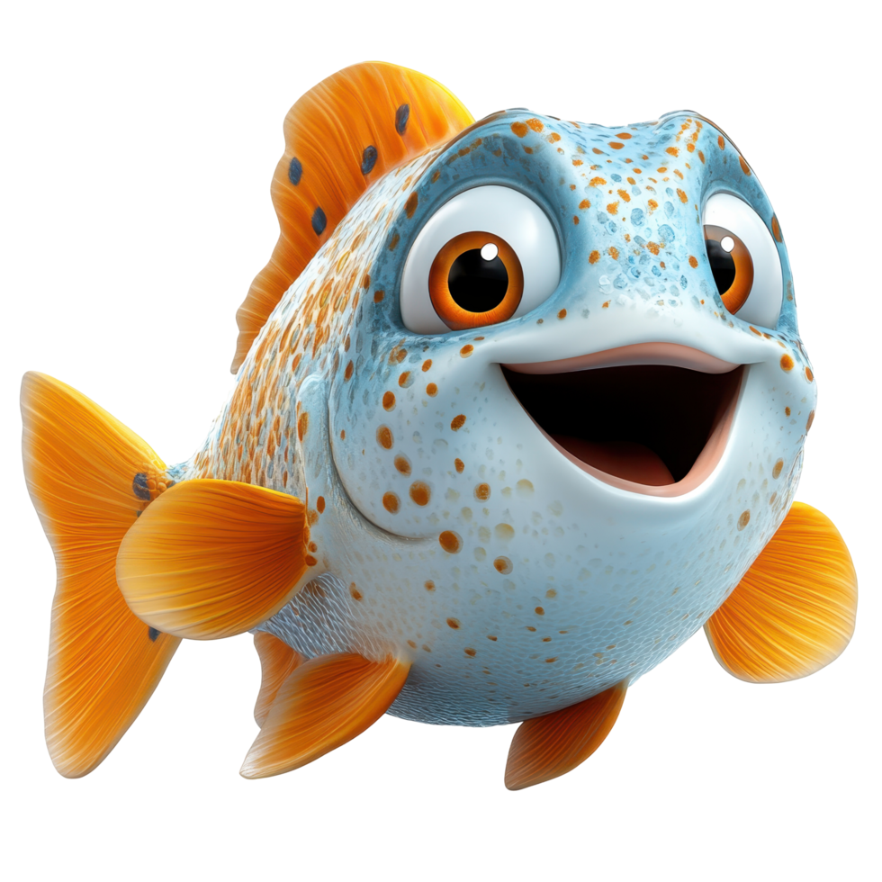 Happy cartoon fish swimming joyfully in an underwater world with vibrant colors and a playful expression isolated on transparent background. png