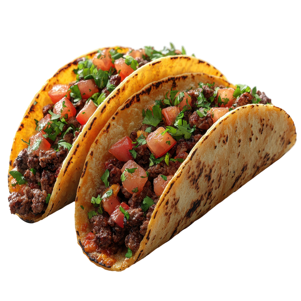 Delicious tacos filled with seasoned beef and fresh toppings ready to enjoy isolated on transparent background. png