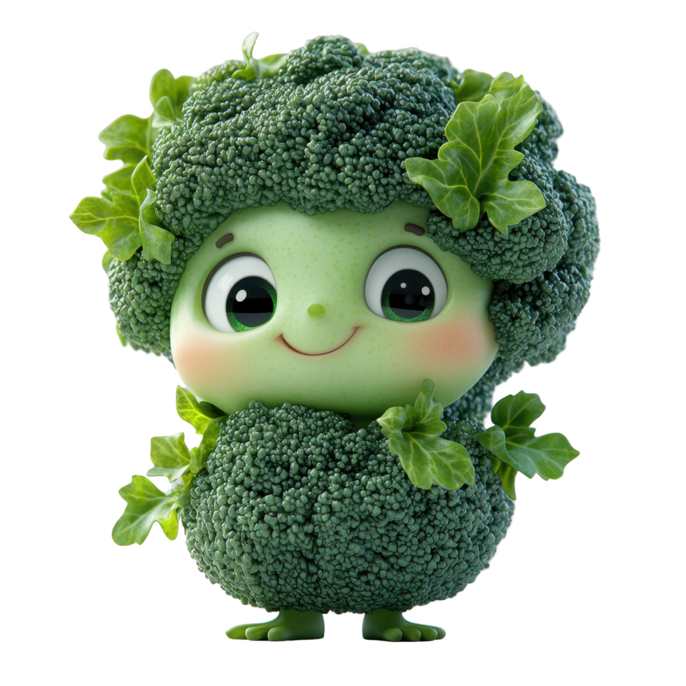 Cute broccoli character with a friendly expression and leafy details standing proudly in a vibrant green setting isolated on transparent background. png