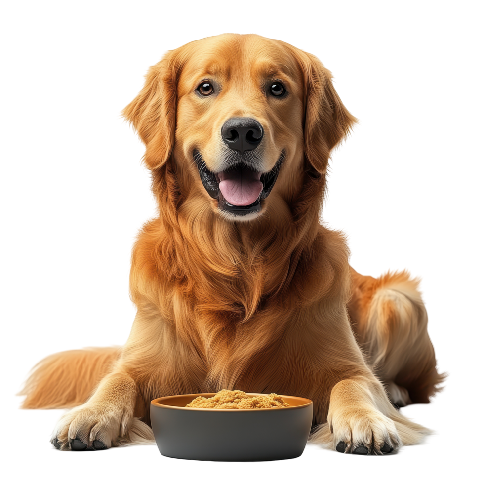 Golden retriever happily enjoying a meal in a clean indoor space with bright lighting isolated on transparent background. png