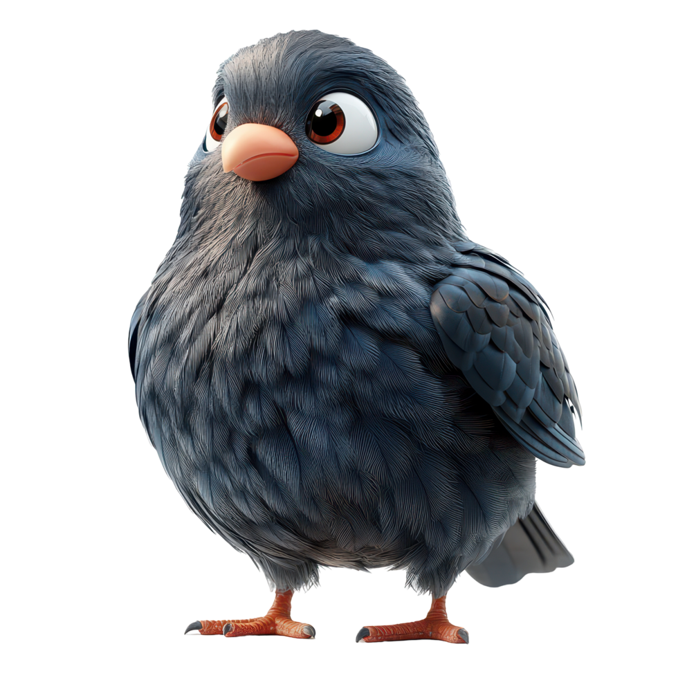 Cute cartoon bird character standing on its feet with expressive eyes and fluffy feathers in a cheerful pose isolated on transparent background. png
