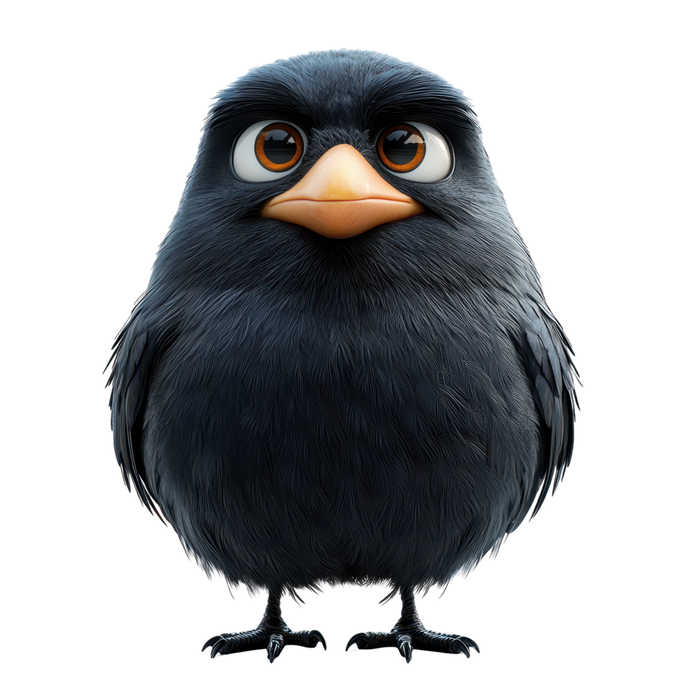 Cartoon-style black bird with large eyes and a cute expression stands out against a white background in this playful illustration isolated on transparent background. png