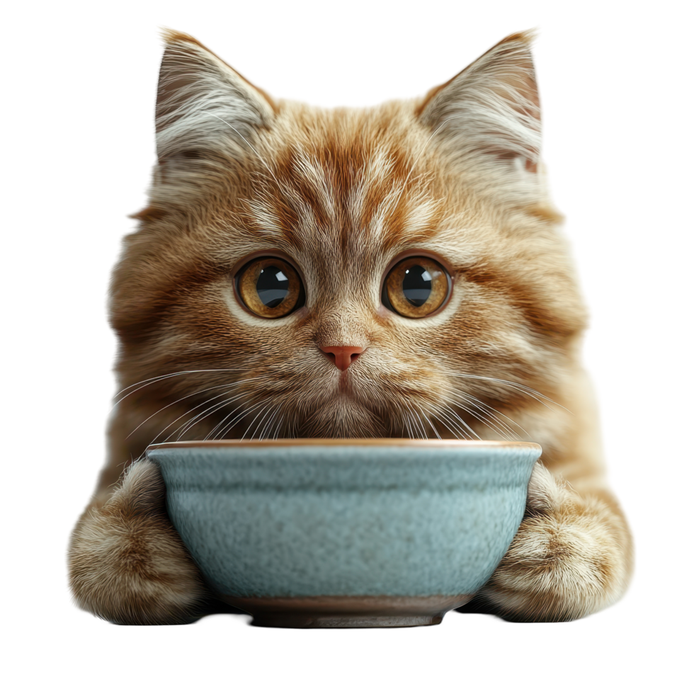 Cute orange cat holds bowl with curious expression in home setting isolated on transparent background. png