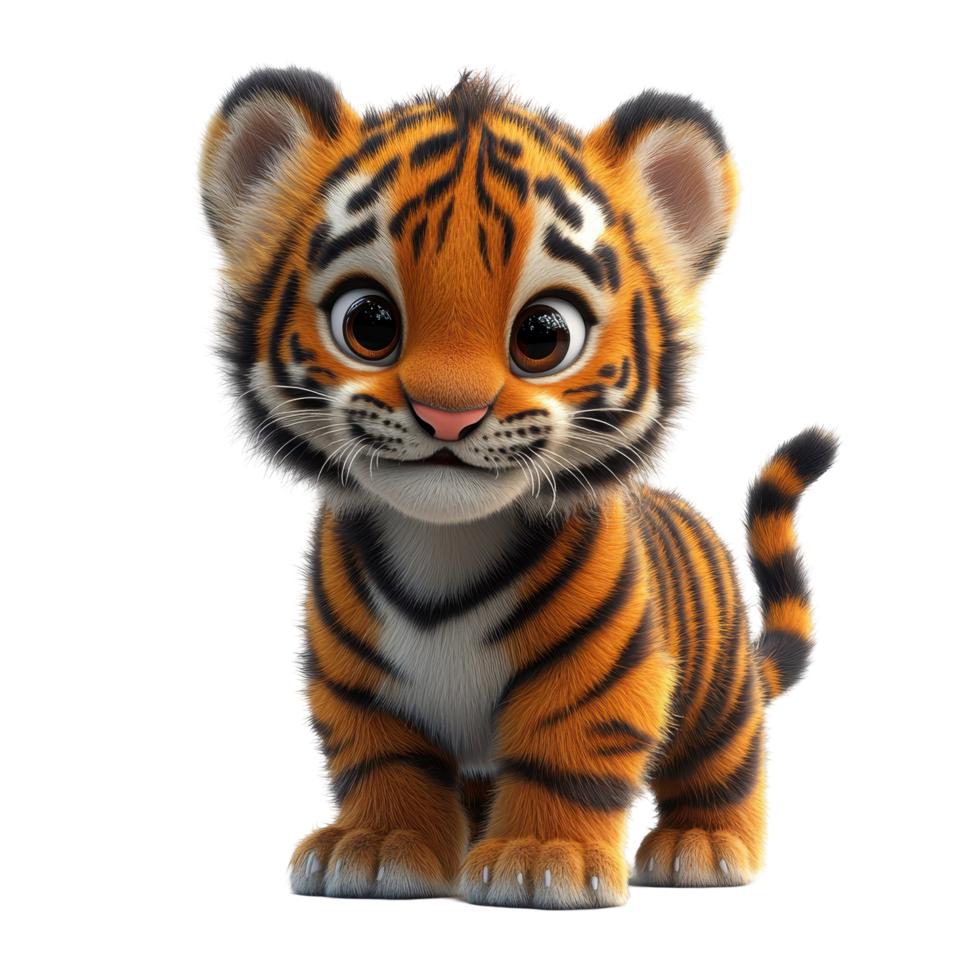 Cute baby tiger with bright eyes and fluffy fur standing playfully in a neutral background isolated on transparent background. png