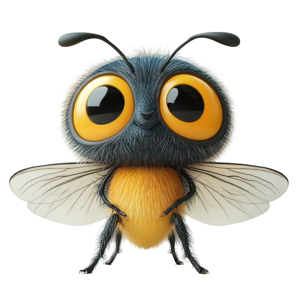 Colorful cartoon bee character with large eyes and fluffy body in a whimsical design isolated on transparent background. png