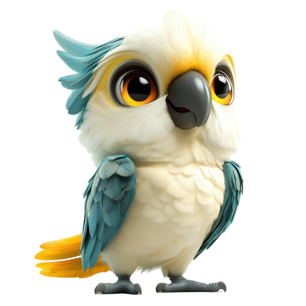 Cute cartoon bird character with colorful feathers and large eyes posing cheerfully for a fun and playful atmosphere isolated on transparent background. png