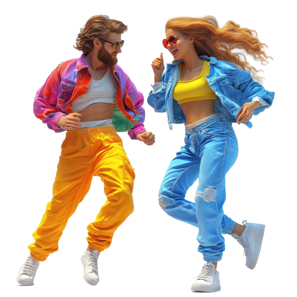 Dynamic couple dancing joyfully in colorful outfits at a vibrant festival during sunny daylight isolated on transparent background. png