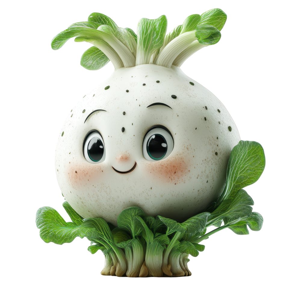 Cute cartoon vegetable character with smile surrounded by leafy greens in a playful garden setting isolated on transparent background. png