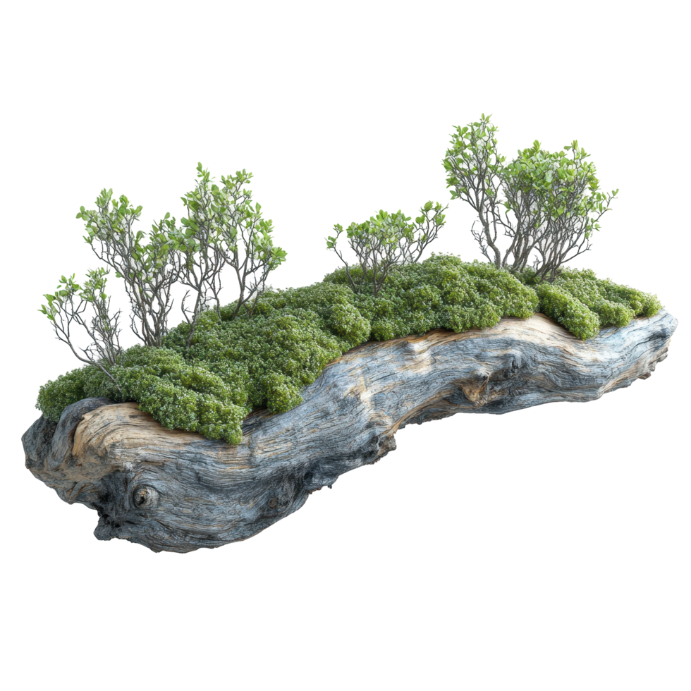 Unique wooden planter with lush greenery and shrubs set in a natural arrangement isolated on transparent background. png