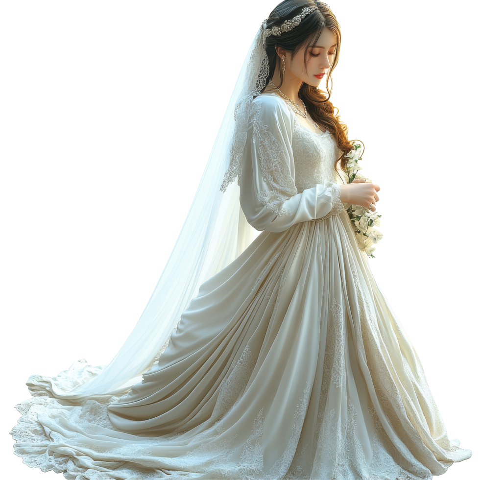 Elegant bride in flowing wedding dress with veil holding bouquet indoors isolated on transparent background. png