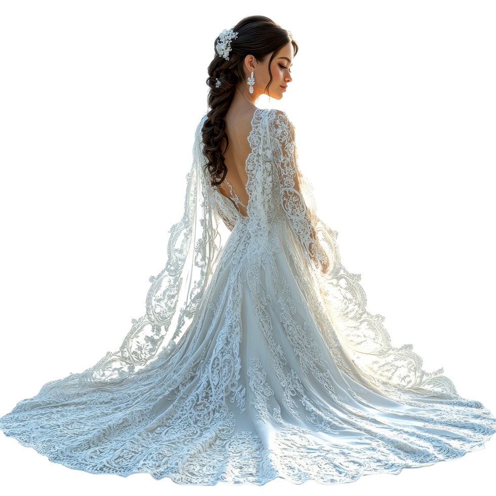 Elegant bride in intricately designed wedding dress standing gracefully in bright light isolated on transparent background. png