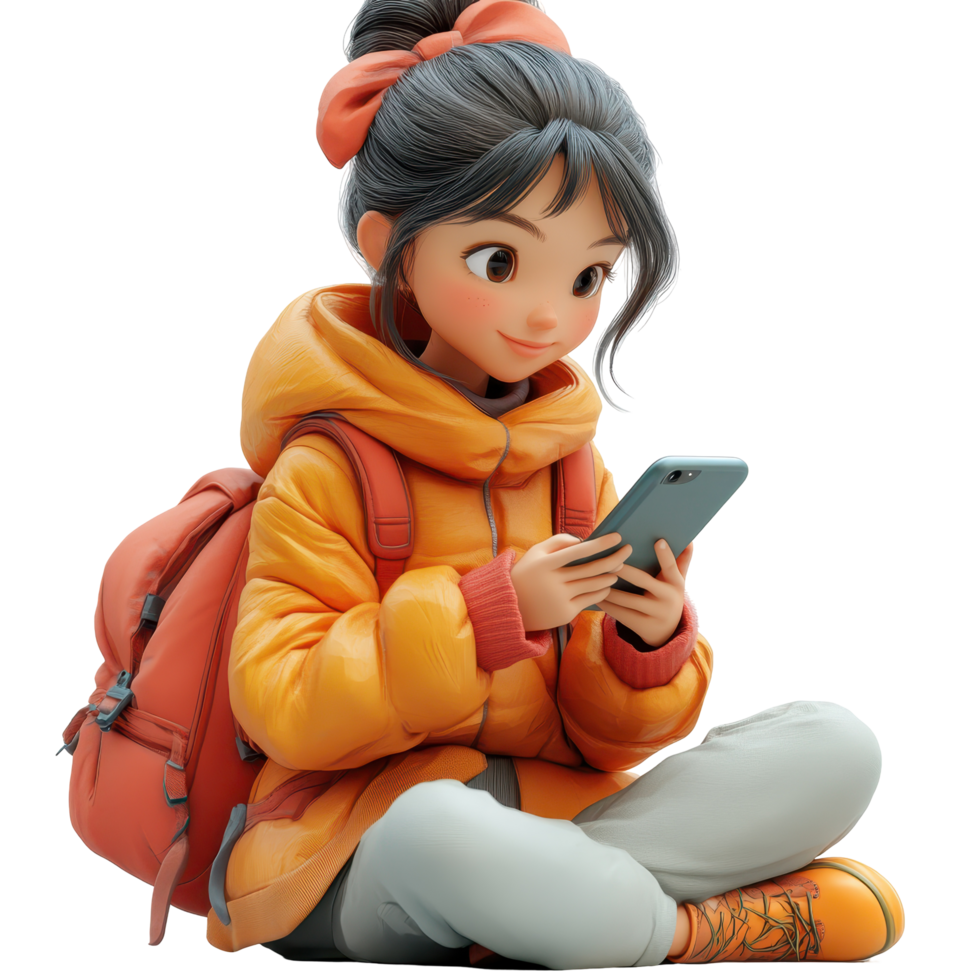Young girl enjoying her smartphone outdoors while wearing a bright jacket and sitting on the ground isolated on transparent background. png