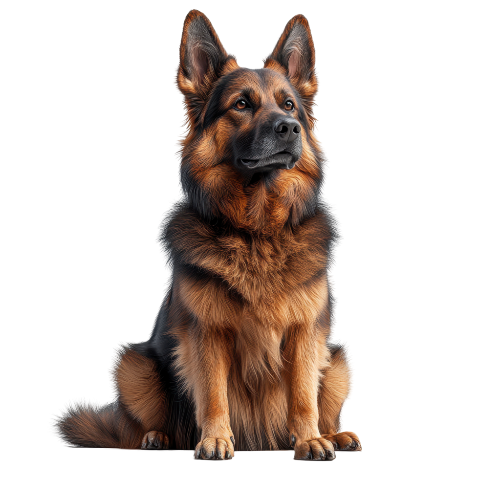 Majestic German Shepherd sitting upright, showcasing its proud posture and friendly expression against a white background isolated on transparent background. png