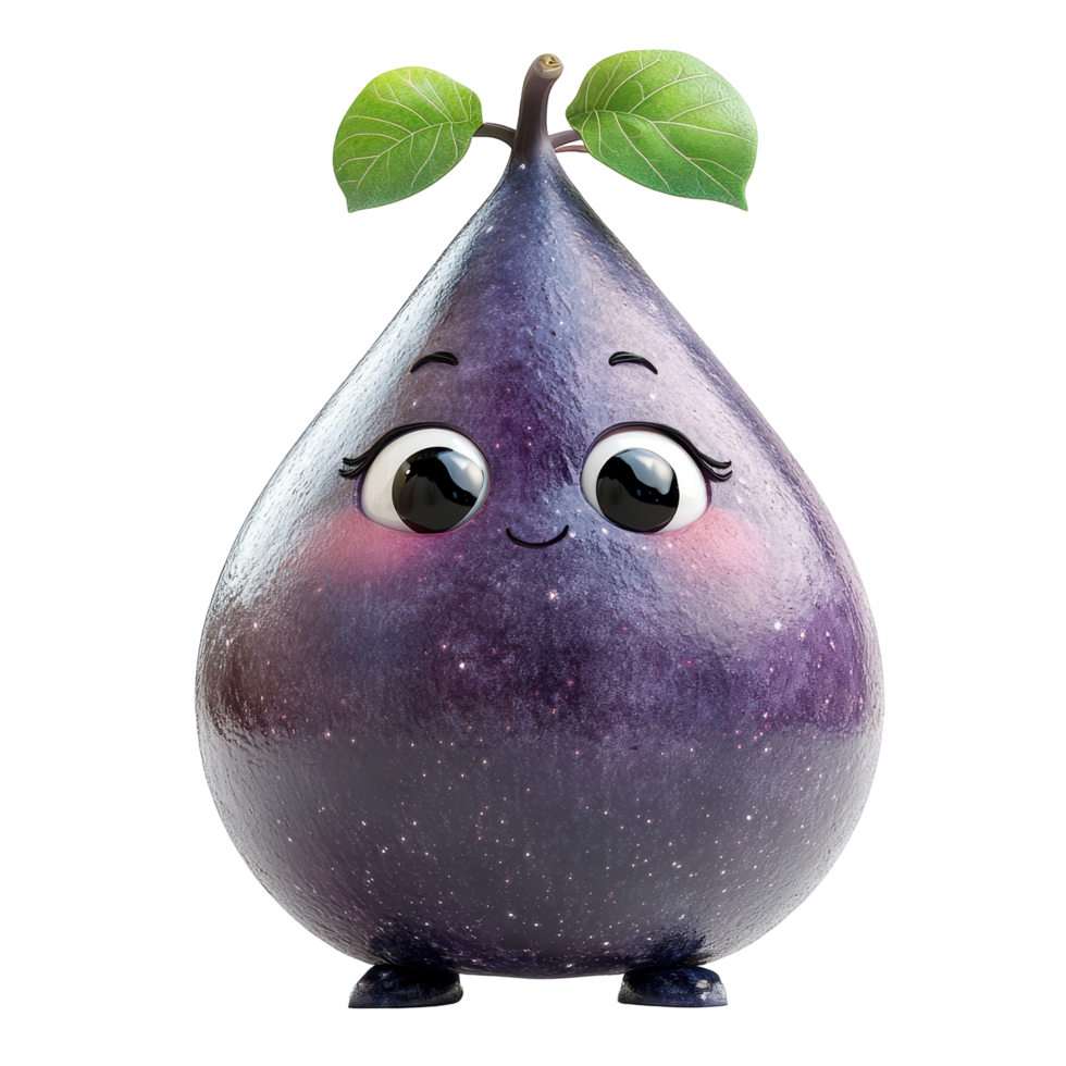 Cute cartoon fig character with big eyes and a smiling expression, standing on small feet isolated on transparent background. png