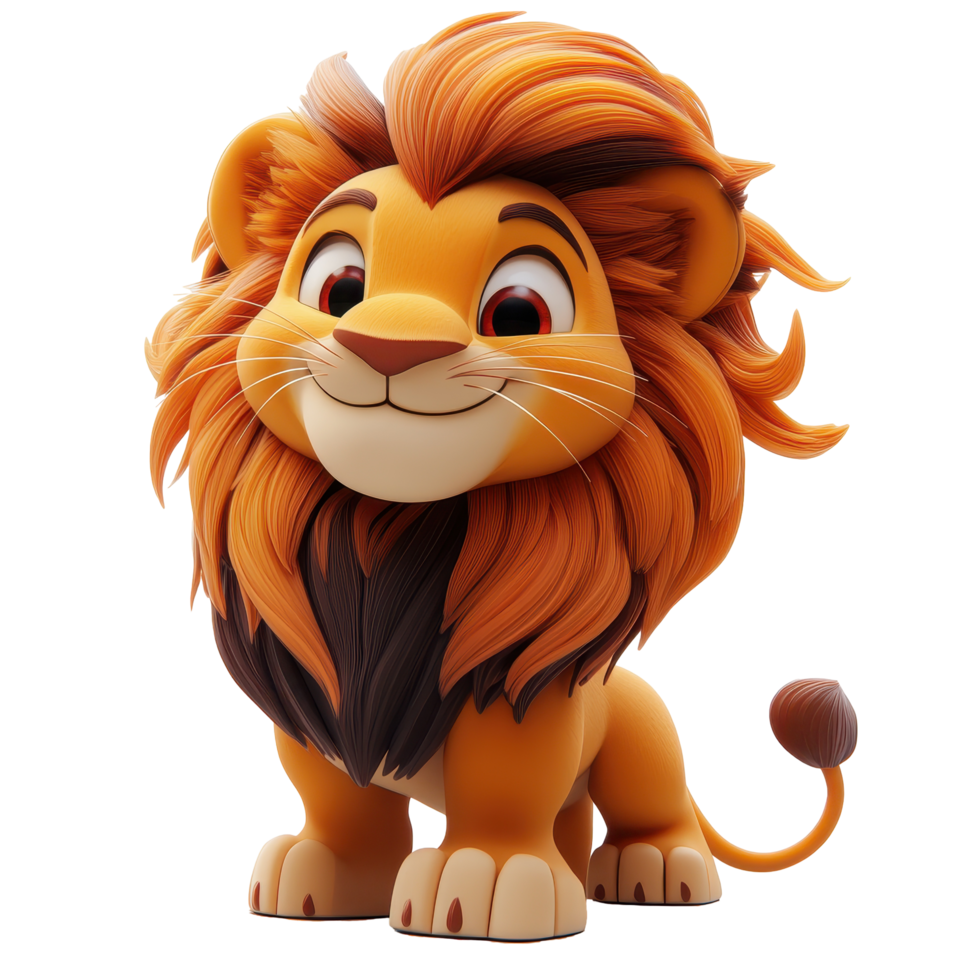 Cute cartoon lion character with fluffy mane and friendly expression in playful pose isolated on transparent background. png